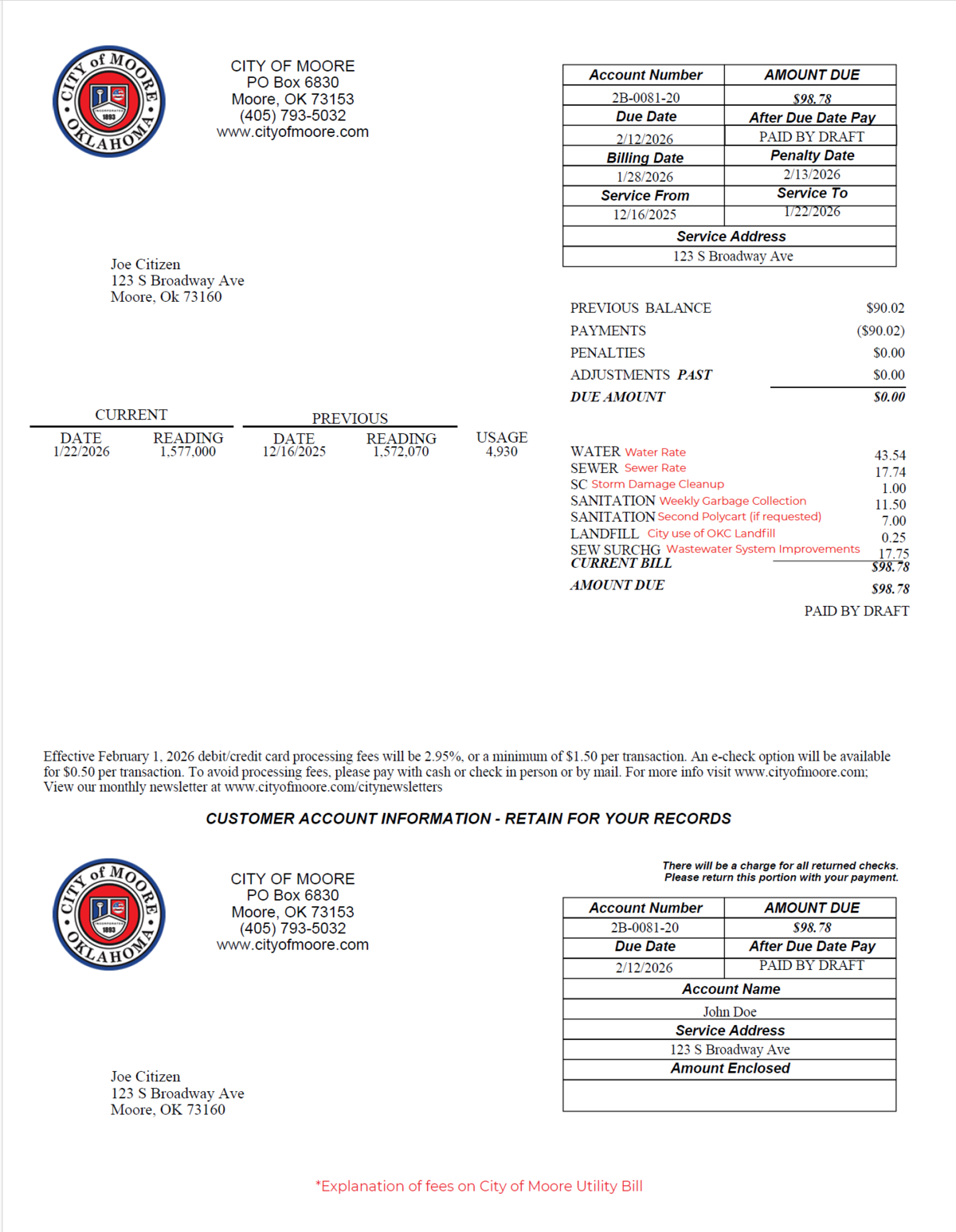 City of Moore Utility Sample Bill