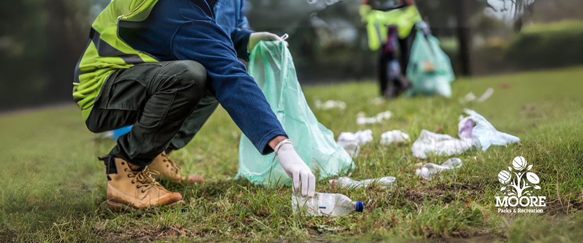 person picking up trash at a park